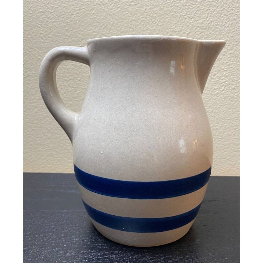 ROBINSON RANSBOTTOM POTTERY Blue STRIPE Stoneware Pitcher JUG Roseville Ohio USA